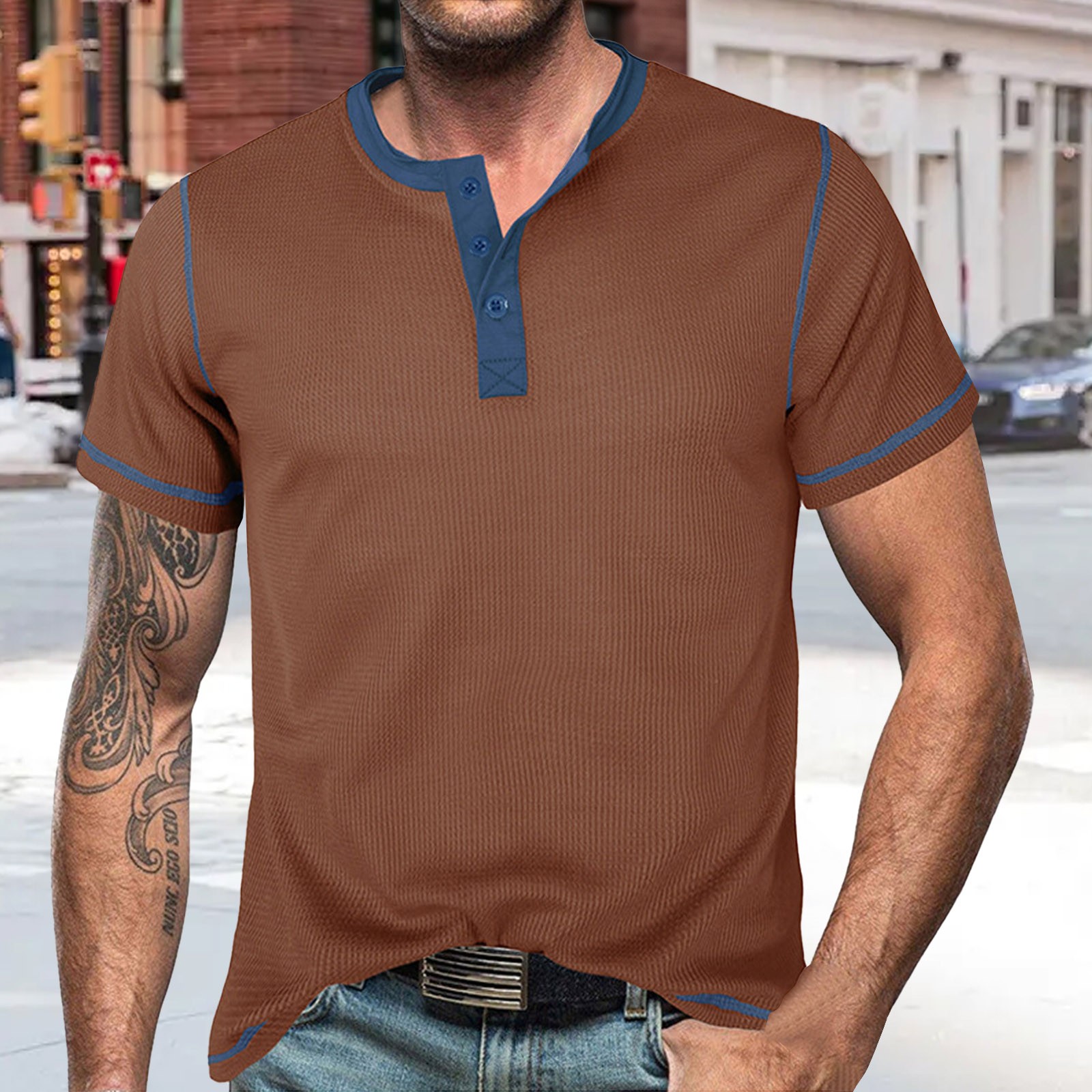 thumbnail image 2 of Camiseta de hombre con botones y cuello abierto en bloques de color - Manga corta, holgada y cómoda, informal/de negocios, poliéster, adecuada para primavera/otoño., 2 of 6